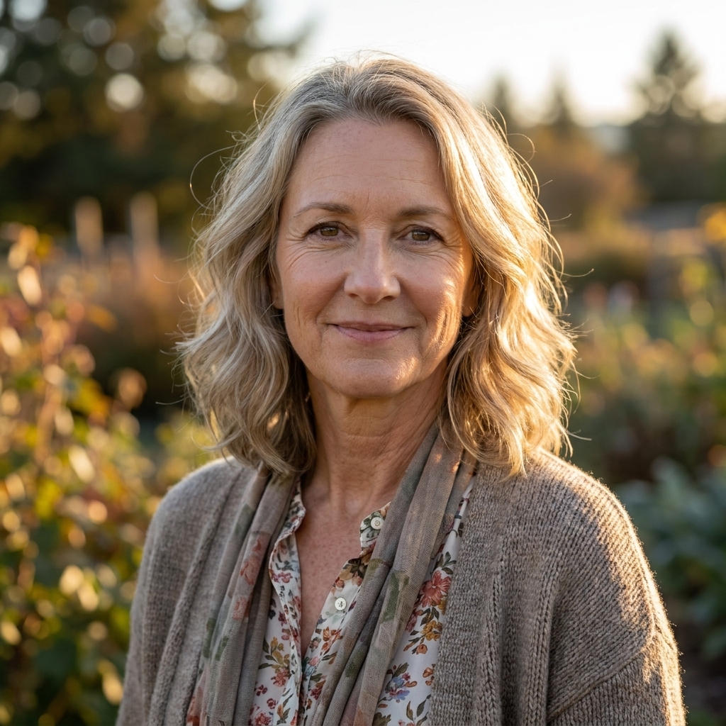A woman in her 60s smiling softly while standing outdoors in warm late-afternoon light