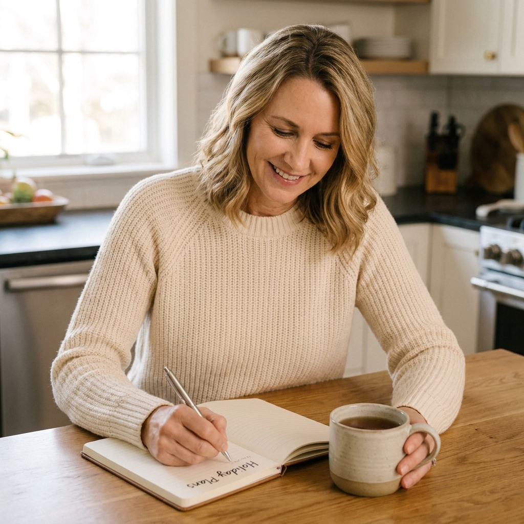 A woman seated at a kitchen table writing holiday plans beside a mug of tea