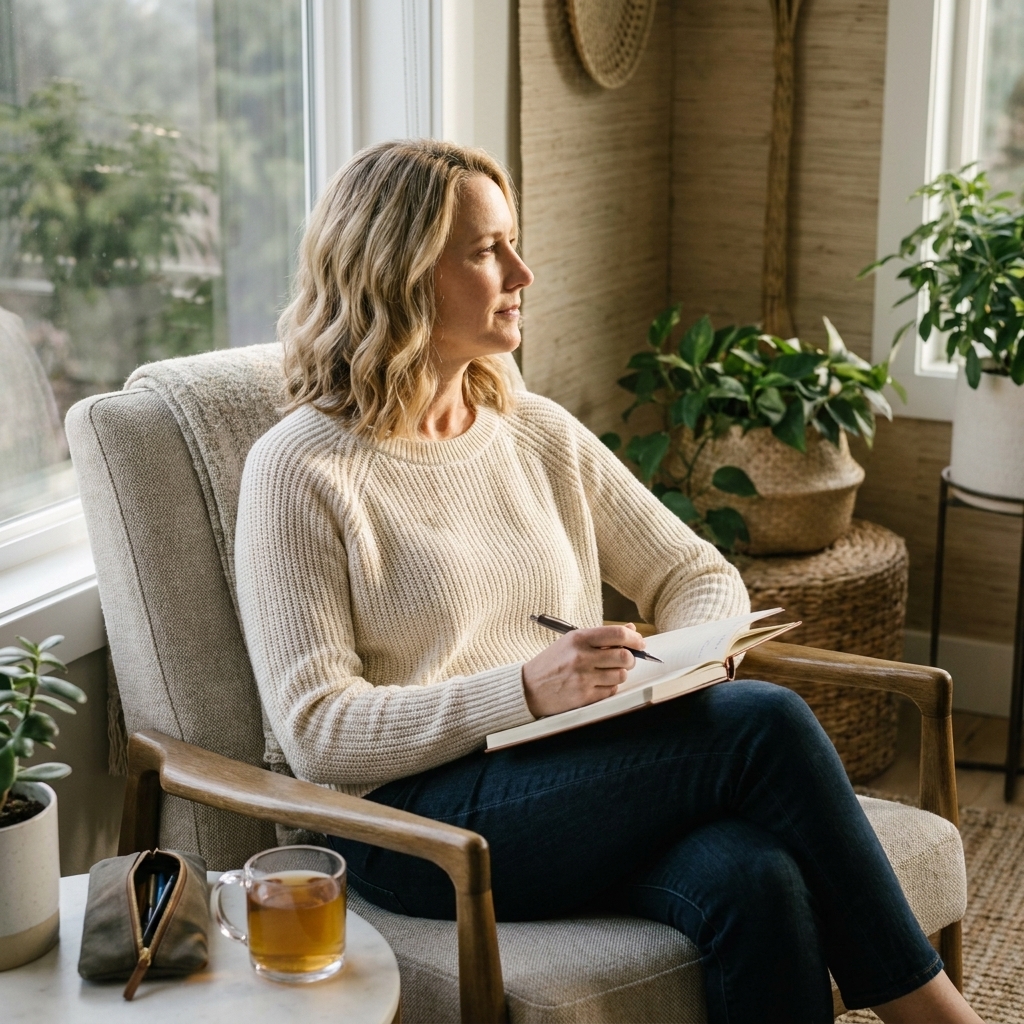 A woman sitting by a window with a notebook in her lap, pausing to reflect while journaling in soft morning light