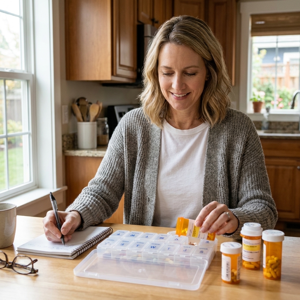 An adult caregiver organizing a weekly pillbox and prescription bottles on a kitchen counter while taking notes in a calm everyday home scene