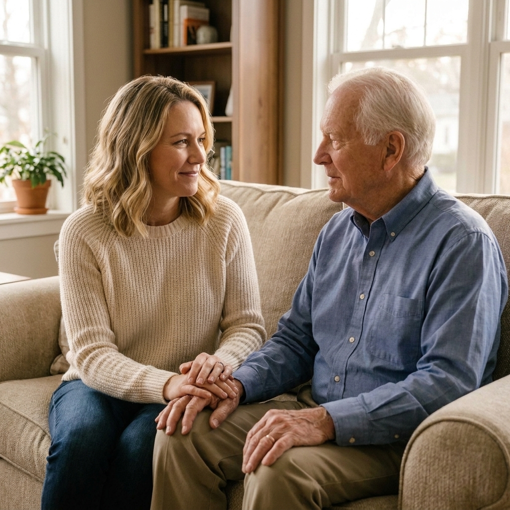 An adult child holding an elderly parent’s hand while sitting together on a living room couch, a quiet, intimate caregiving moment