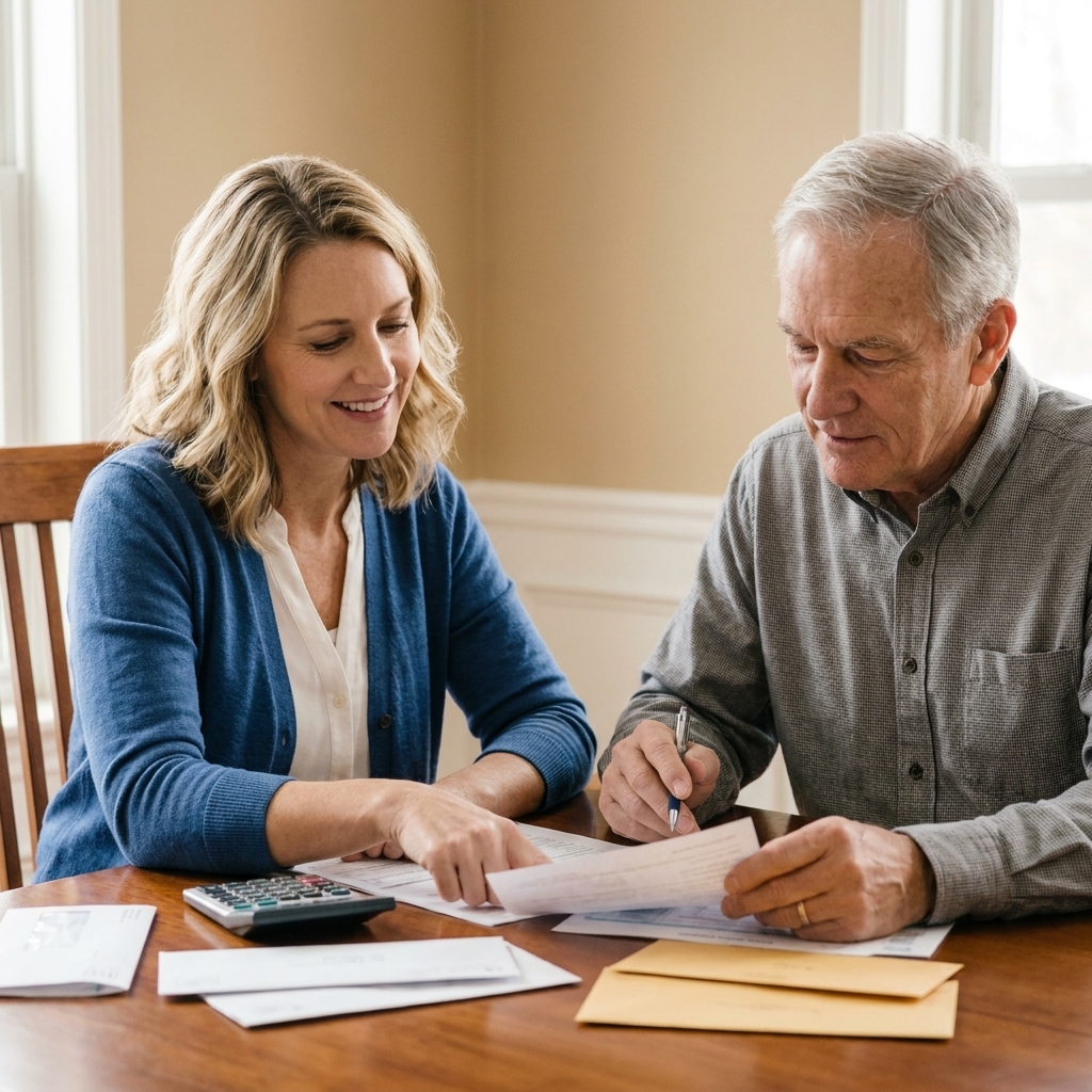 An adult child sitting with an older parent at a dining table reviewing paperwork together, with a calculator and envelopes nearby.