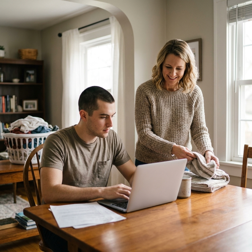 An adult child working on a laptop at a dining table while a parent nearby folds laundry.