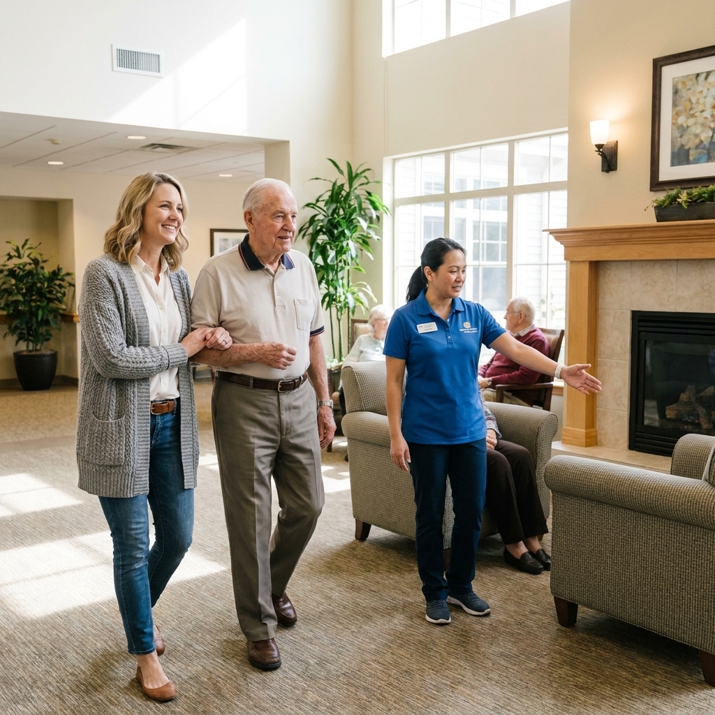 An adult daughter walking with an older parent through an assisted living lobby while a staff member gestures toward a seating area