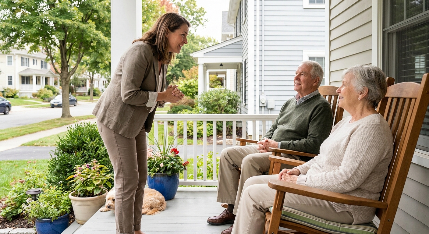 An adult woman speaking calmly to an older couple on a front porch, maintaining a polite posture, suburban home background