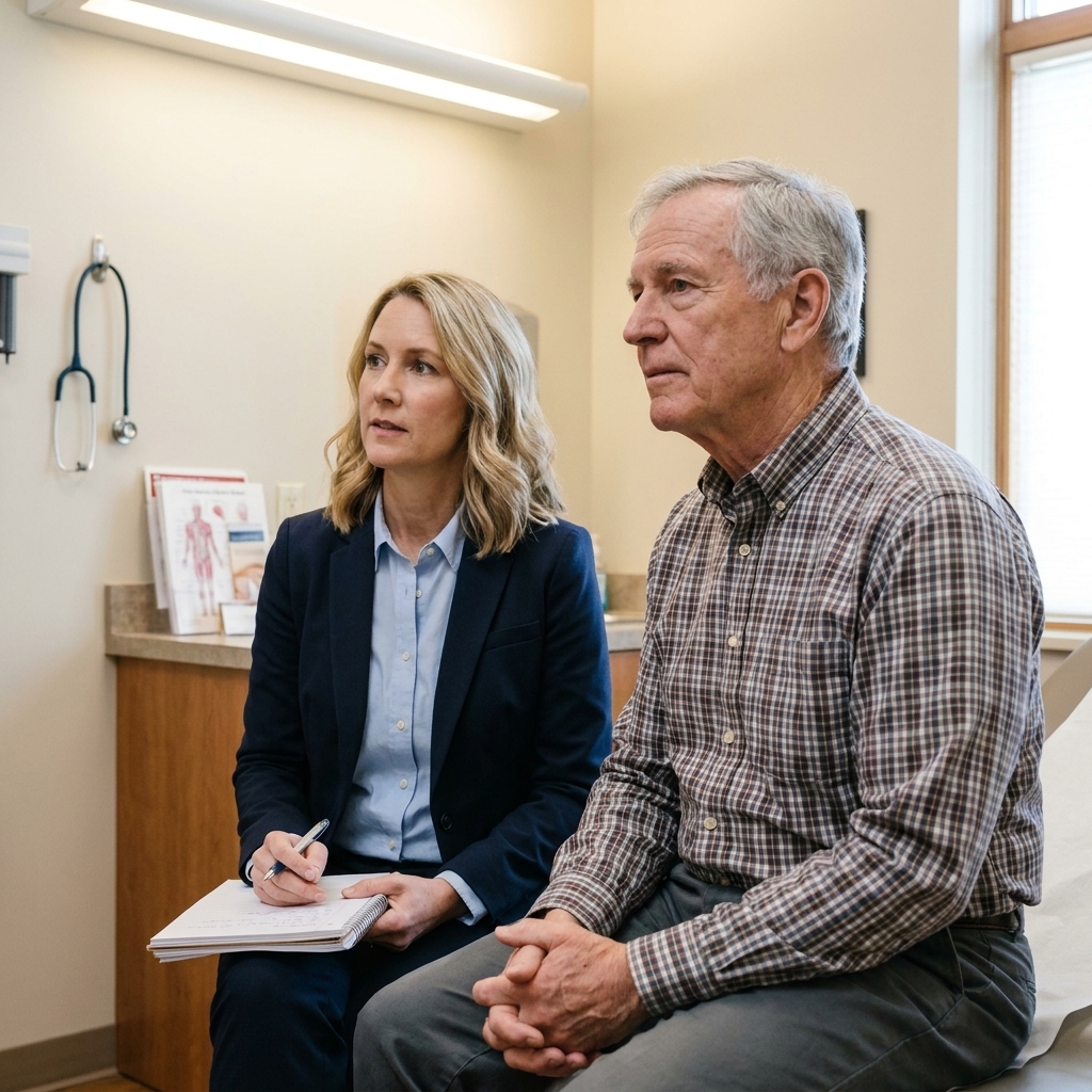 An older adult sitting in a clinic exam room with an adult child beside them holding a notebook, listening to a doctor off camera
