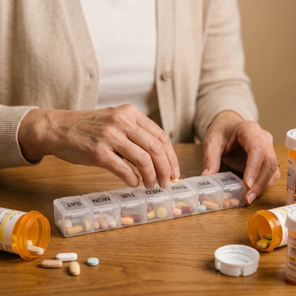 An older adult’s hands sorting medication into a weekly pill organizer on a tabletop