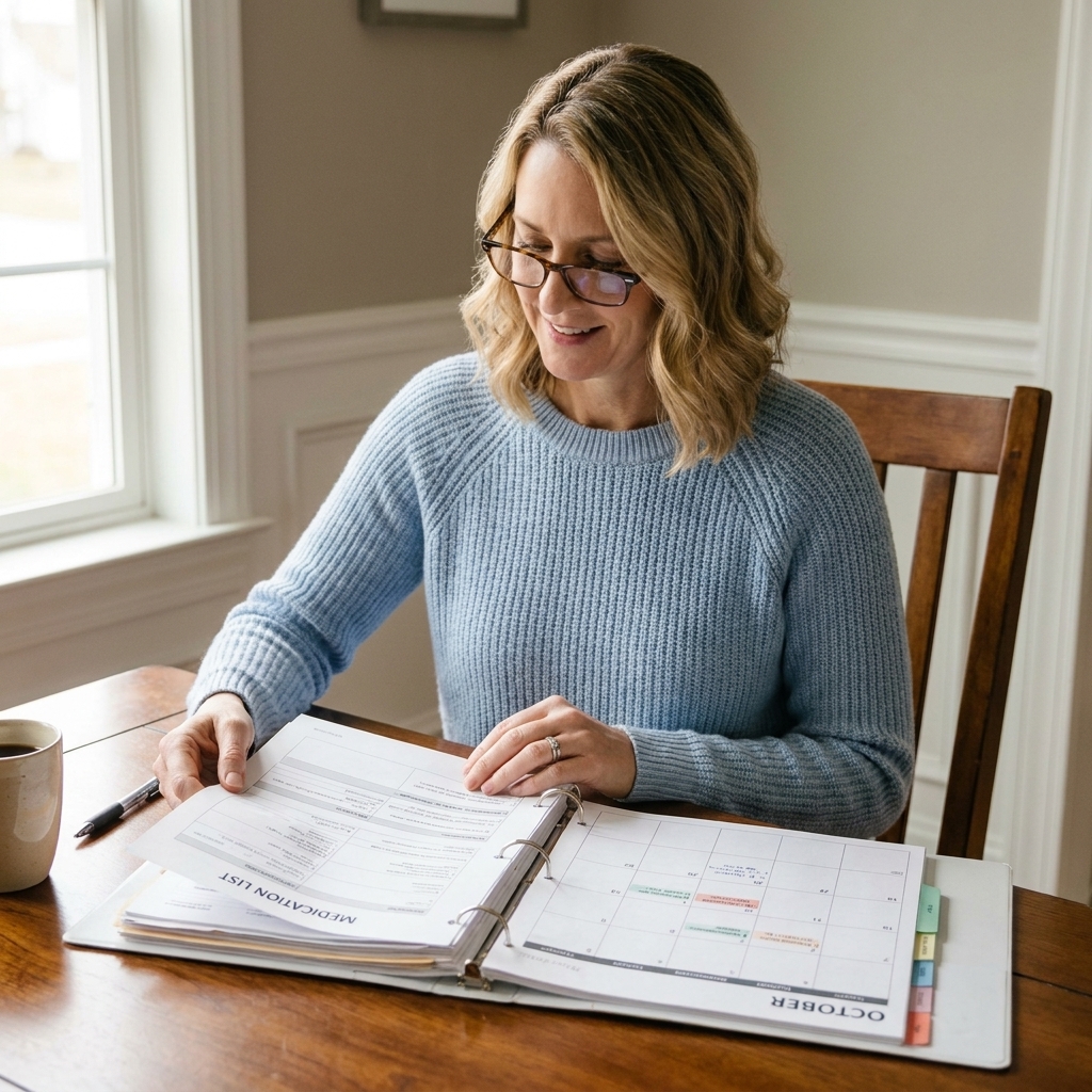An open binder on a dining table with organized medical documents, a medication list, and a calendar