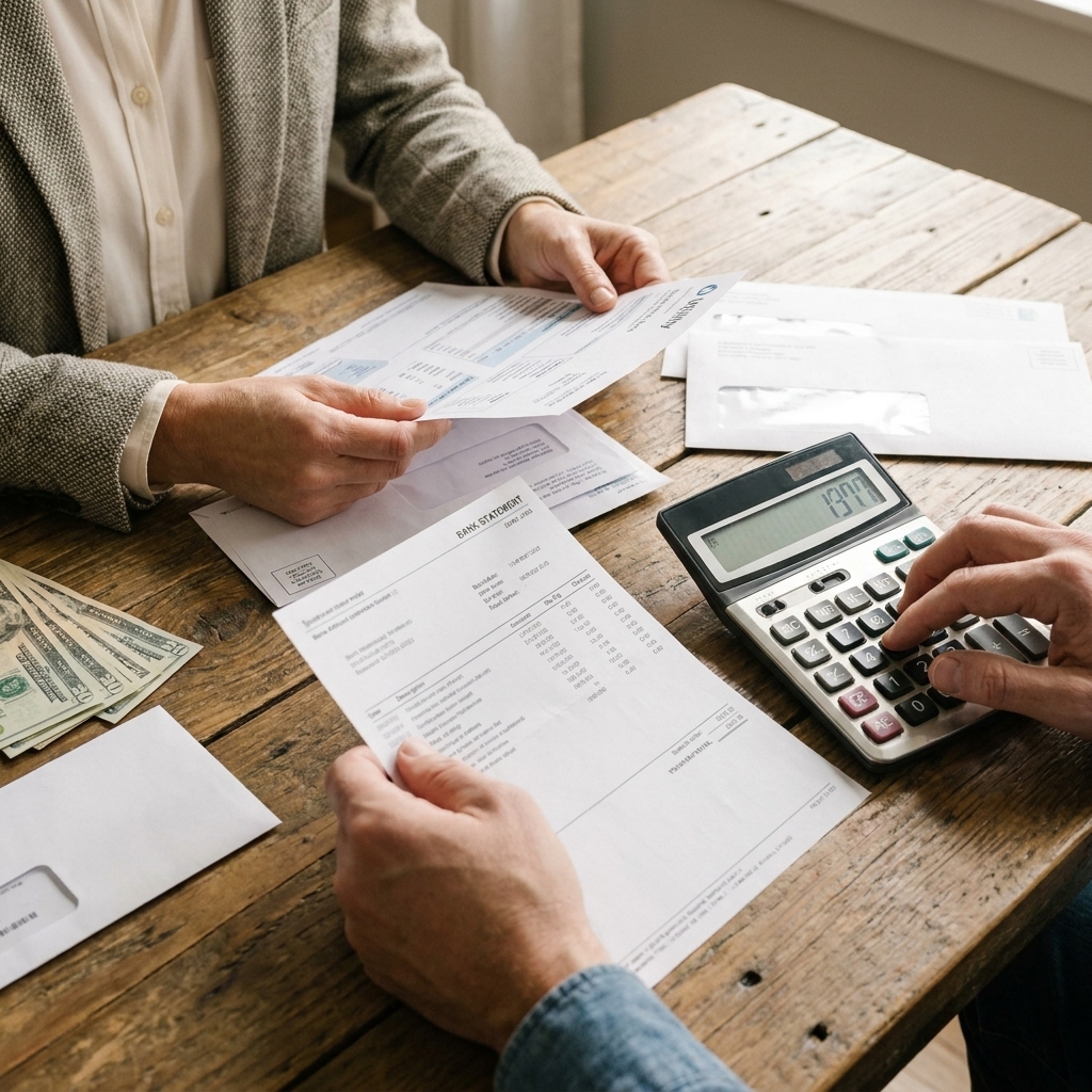 Close-up of two people’s hands sorting paper bills and a bank statement next to a calculator on a wooden table