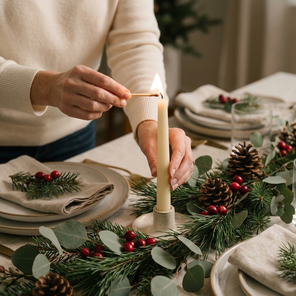 Hands lighting a simple candle on a holiday table beside greenery and warm dinner plates