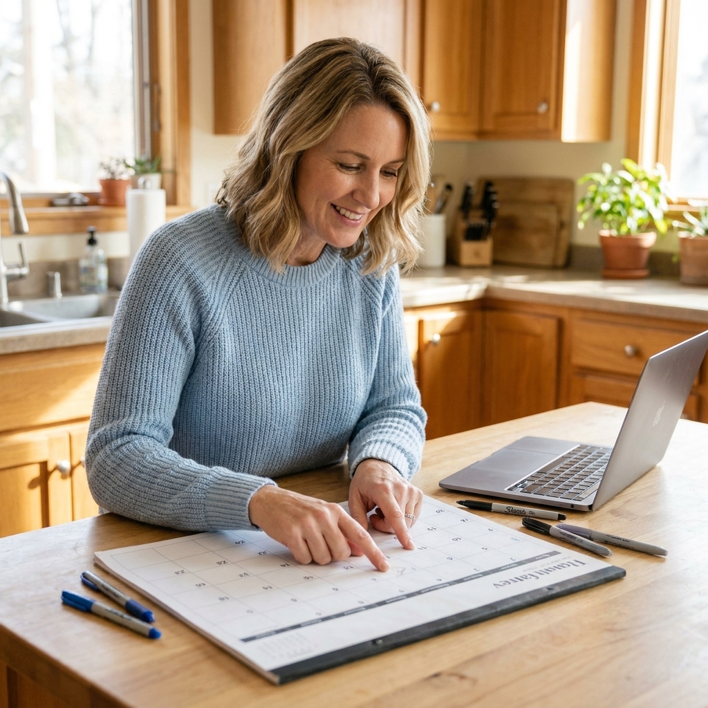 Hands pointing to a monthly calendar on a kitchen table with pens and a laptop nearby