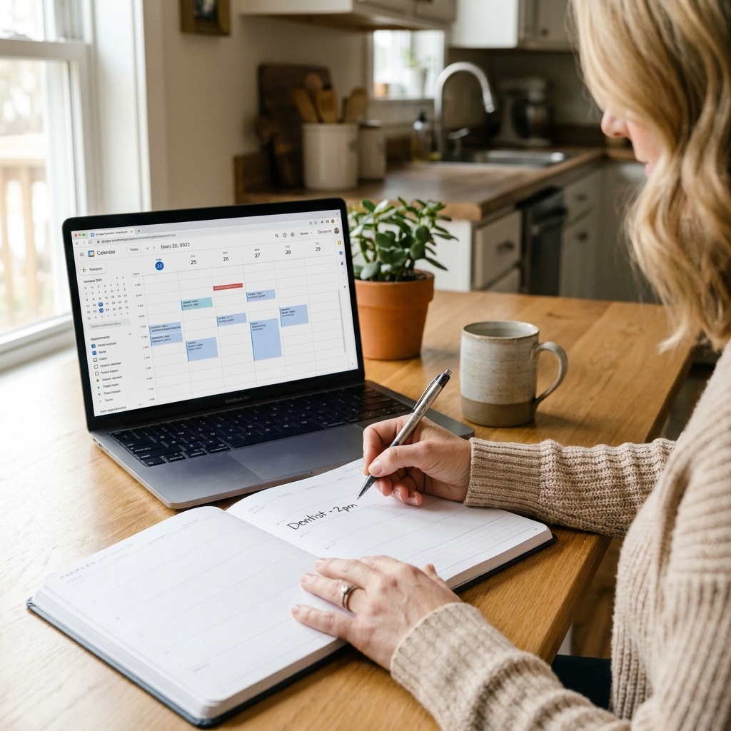 Hands writing appointments into a paper planner beside a laptop displaying a digital calendar on a kitchen table.