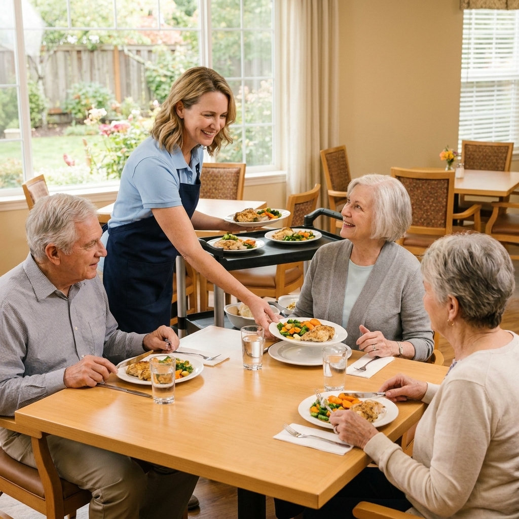 Older adults seated around a bright dining room table in an assisted living community while a staff member serves lunch