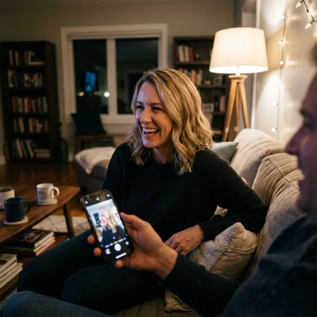 One partner taking a candid phone photo of the other partner laughing in a softly lit living room, casual at-home evening