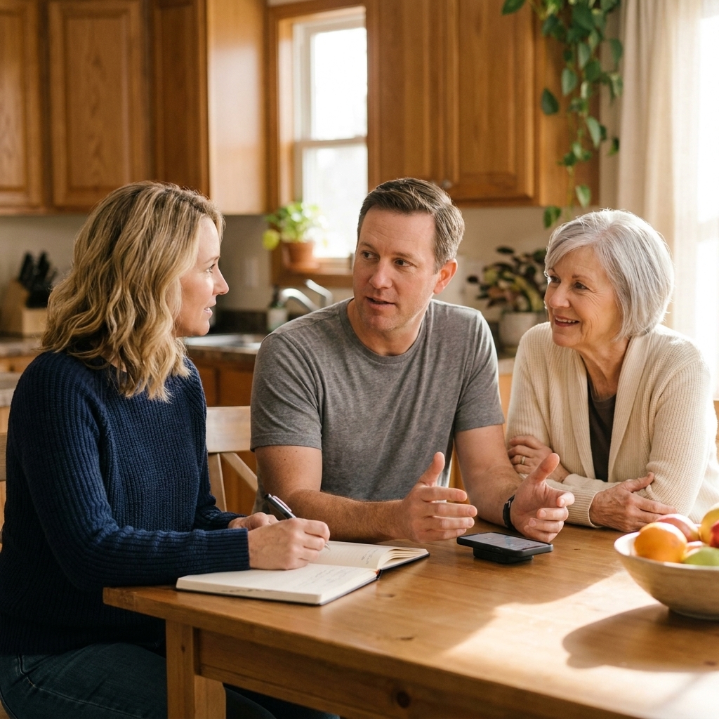 Three adult family members sit at a kitchen table with a notebook and a phone on speaker during a calm discussion