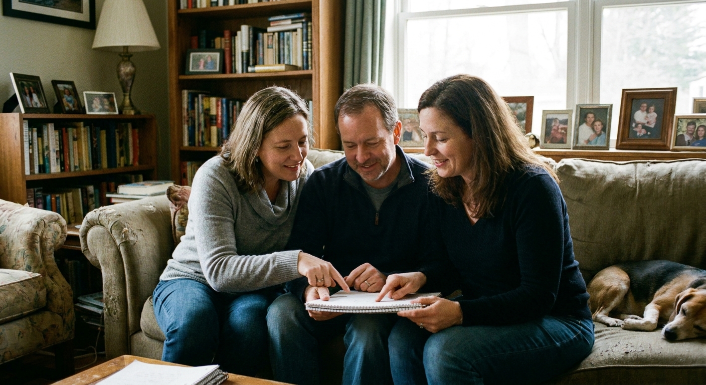 Three adult siblings sitting together in a living room, looking at a notebook and talking quietly
