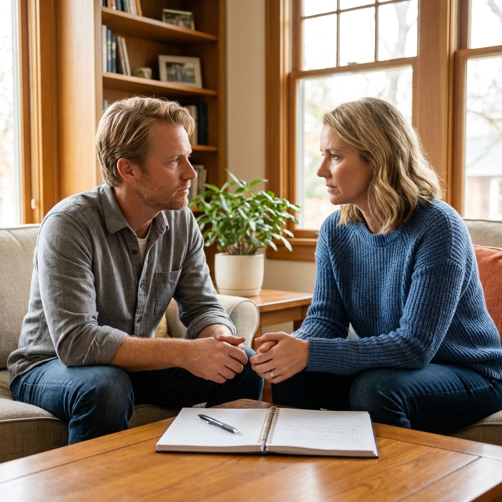 Two adult siblings sitting in a living room with a notebook on a coffee table, having a serious but calm conversation in natural light