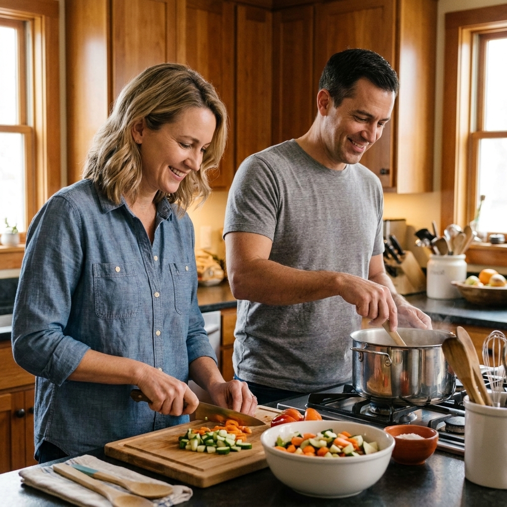 Two adults cooking together in a home kitchen, one chopping vegetables while the other stirs a pan, both smiling and focused on the shared task