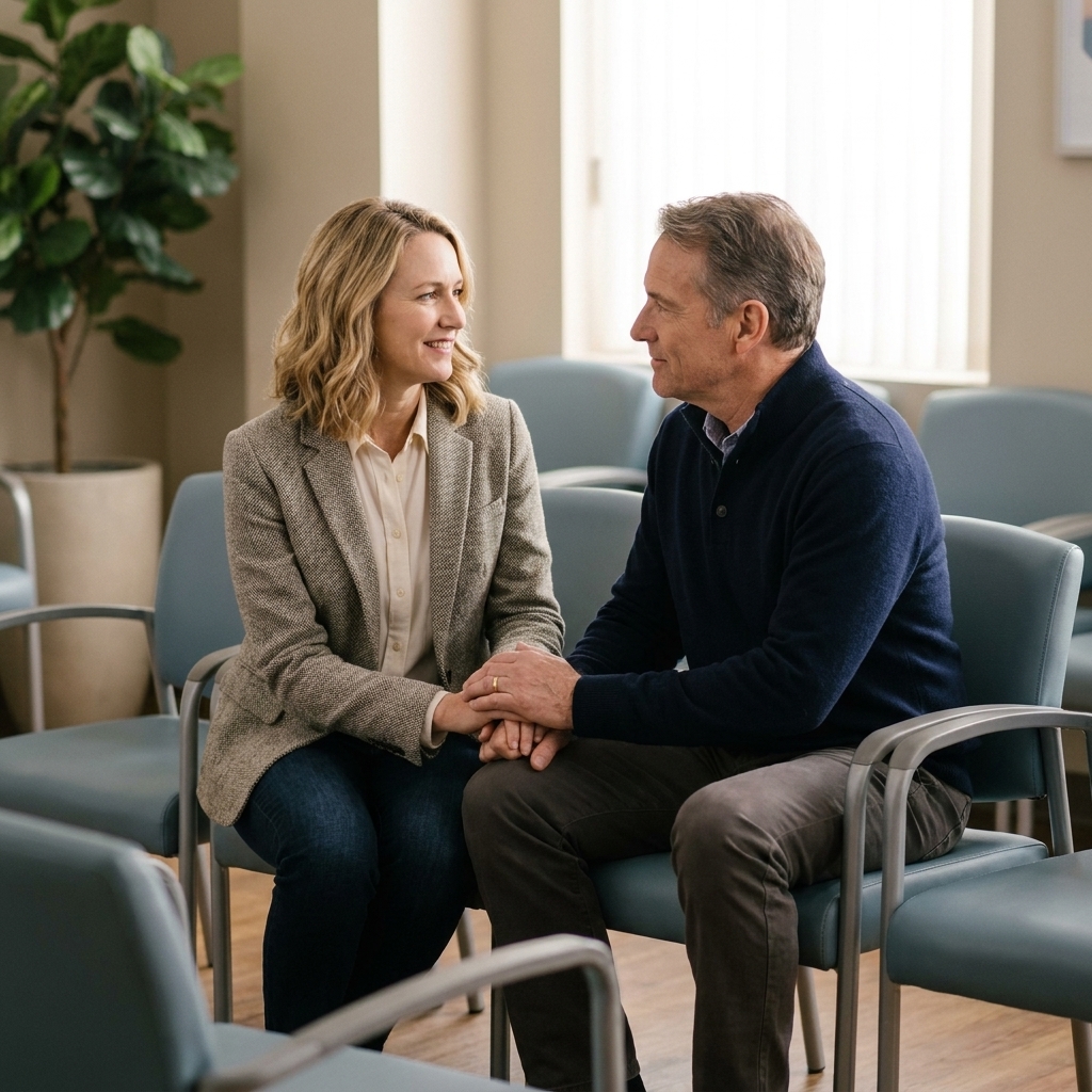 Two adults holding hands while sitting together in a quiet hospital waiting room