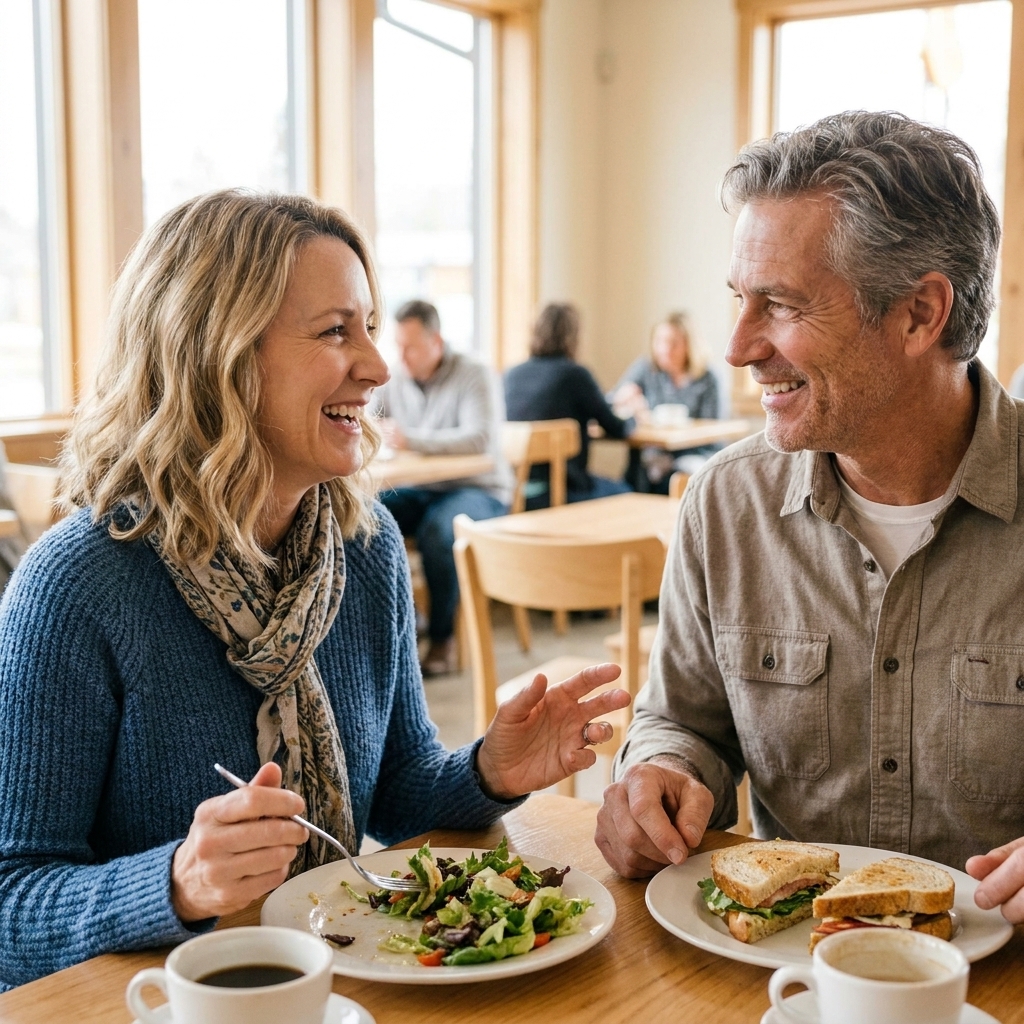 Two adults in their 60s chatting over lunch at a bright casual restaurant