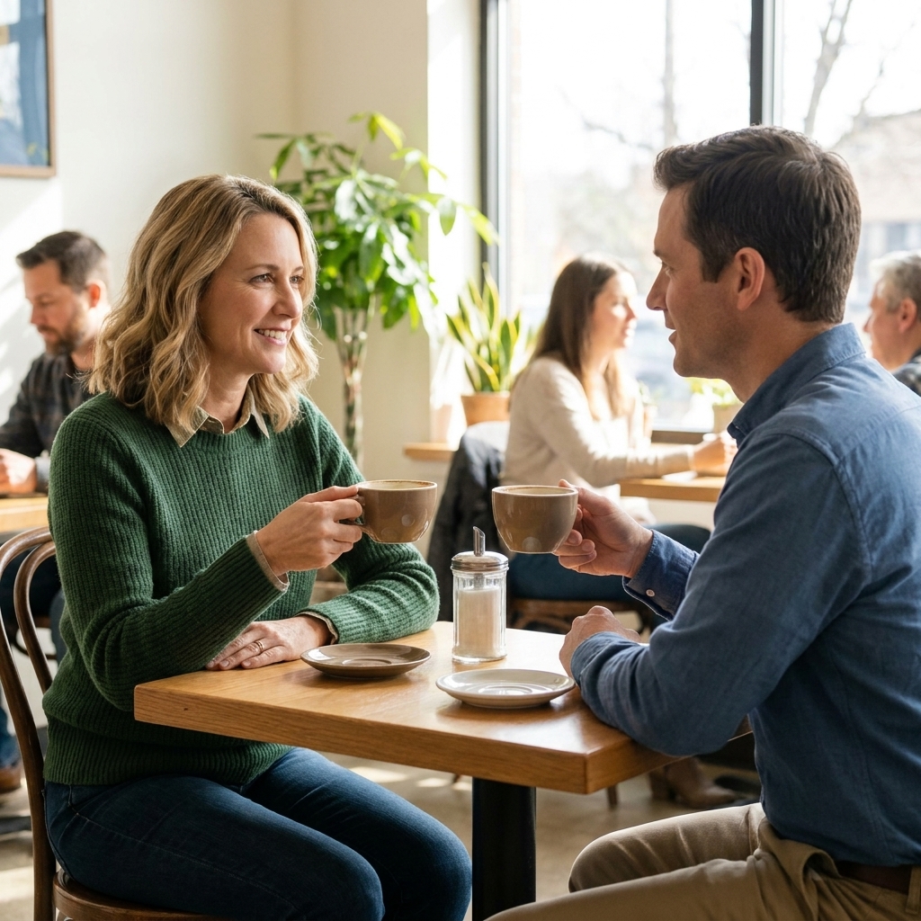 Two adults meeting for a first date at a bright cafe, smiling politely while sitting across from each other with coffee cups on the table