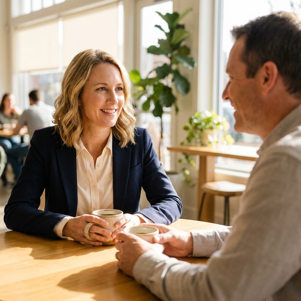 Two adults meeting for a first date at a bright cafe, hands around coffee cups, with relaxed body language