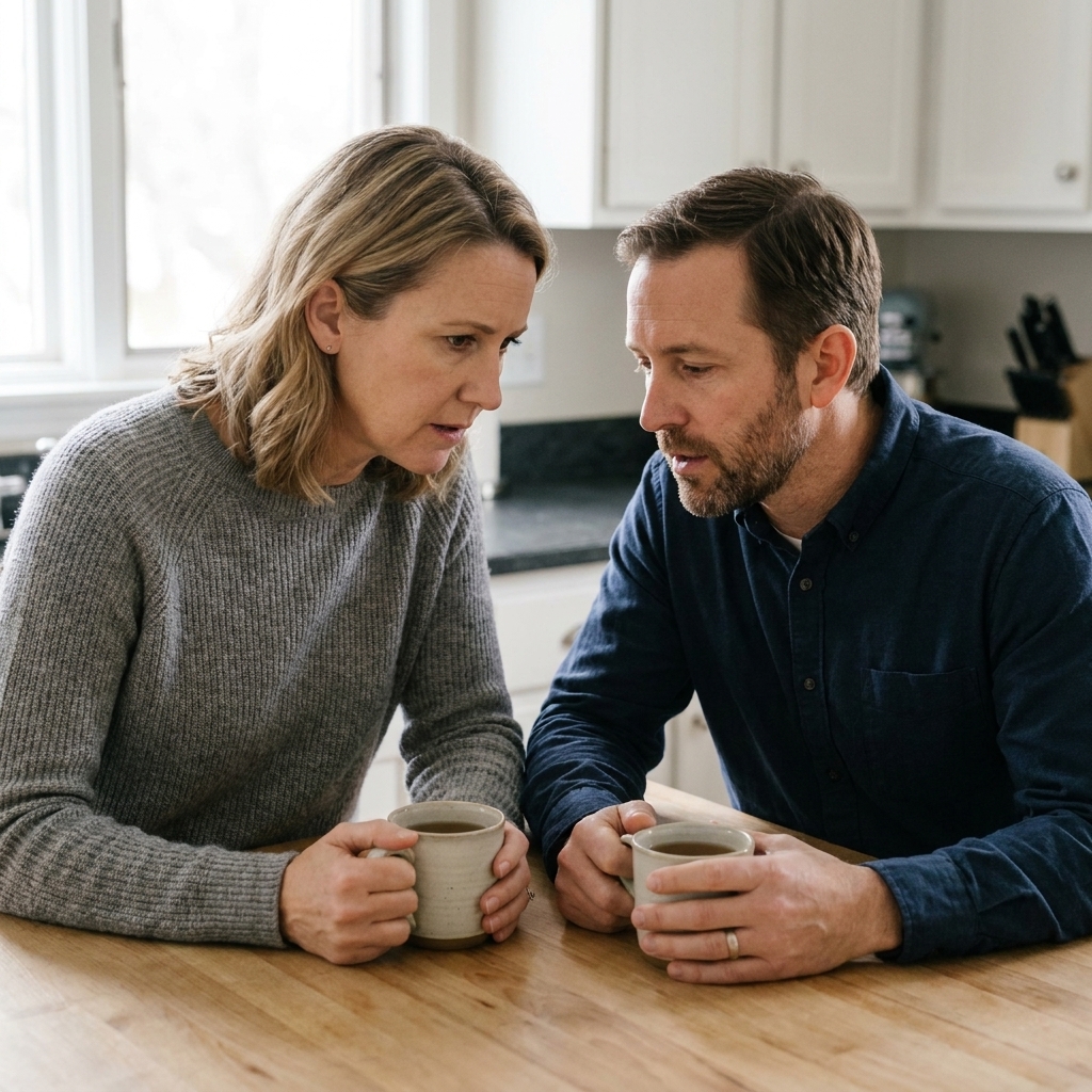 Two adults seated at a kitchen table with mugs of tea, speaking quietly and listening attentively during a serious conversation