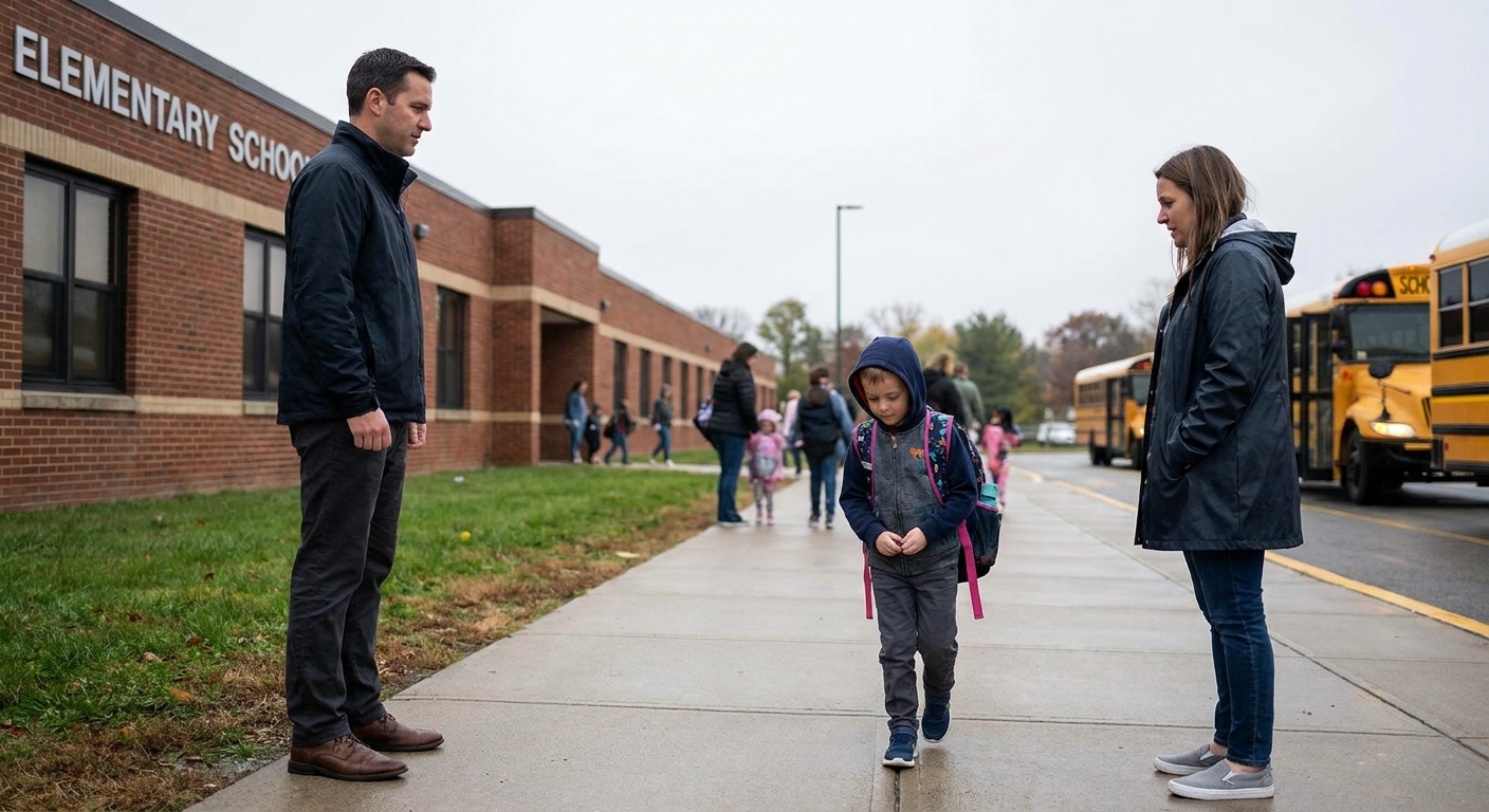 Two divorced parents standing several feet apart outside a school at dismissal while their child walks out holding a backpack, candid real-life moment
