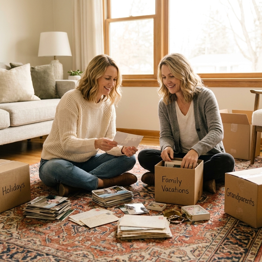 Two family members sitting on a living room floor gently sorting printed photos and small keepsakes into labeled boxes