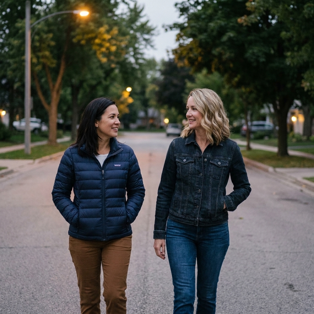 Two friends walking slowly side by side on a quiet neighborhood street in the early evening, hands tucked into jackets, talking softly