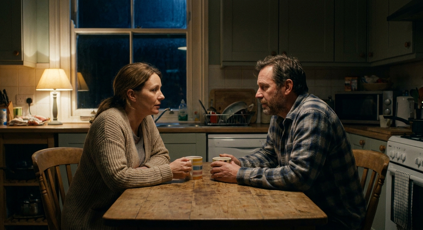 Two parents sitting at a kitchen table after bedtime, talking quietly with mugs of tea.