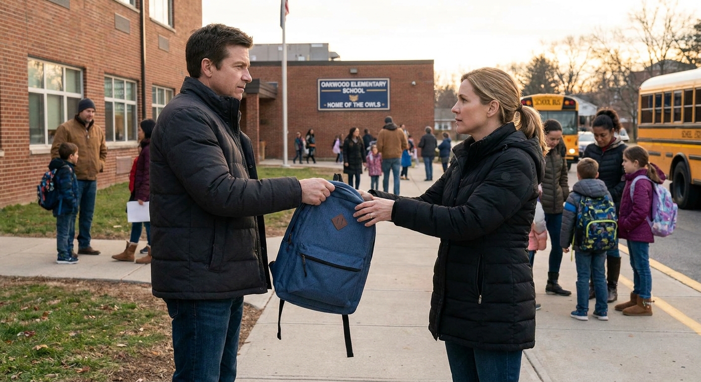 Two parents standing apart but calmly exchanging a backpack during a child’s school pickup outside an elementary school
