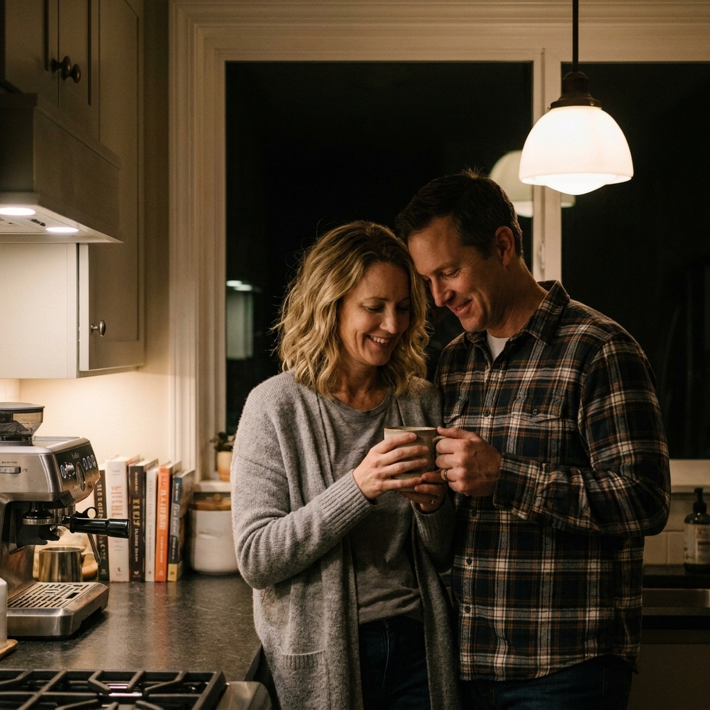 Two parents standing close in a quiet kitchen at night, sharing a mug of coffee and smiling softly, candid home photograph