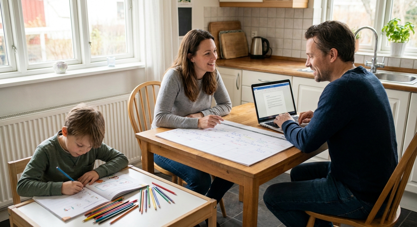 Two separated parents seated at a kitchen table with a paper calendar and a laptop, calmly discussing holiday plans while a child does homework nearby