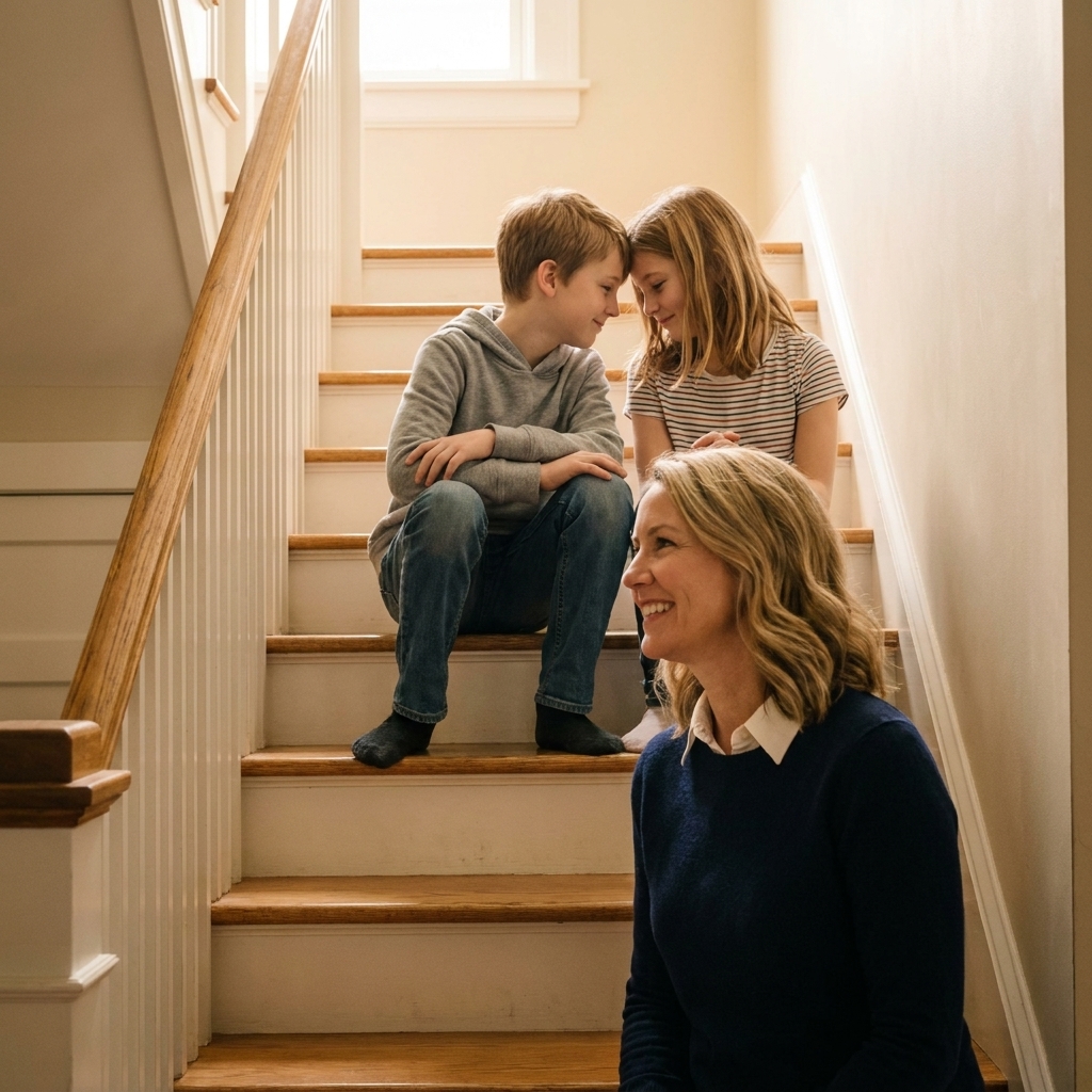 Two siblings sitting on a staircase after an argument, leaning toward each other while a parent watches nearby
